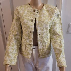 VINTAGE 1990s CYNTHIA MAX GREEN JAQUARD JACKET pearl/rhinestone buttons Size M